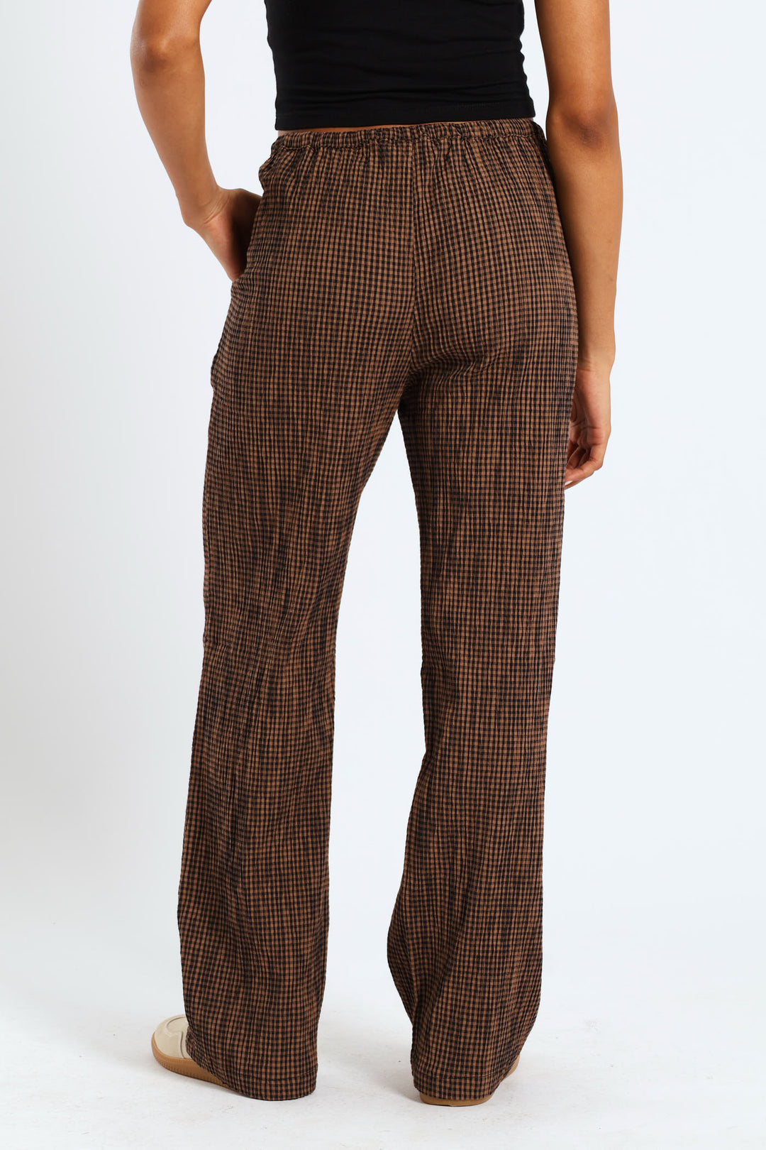 Gingham Check Elastic Wide Leg Pants - Chocolate