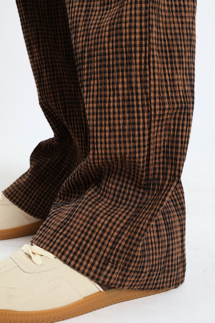 Gingham Check Elastic Wide Leg Pants - Chocolate