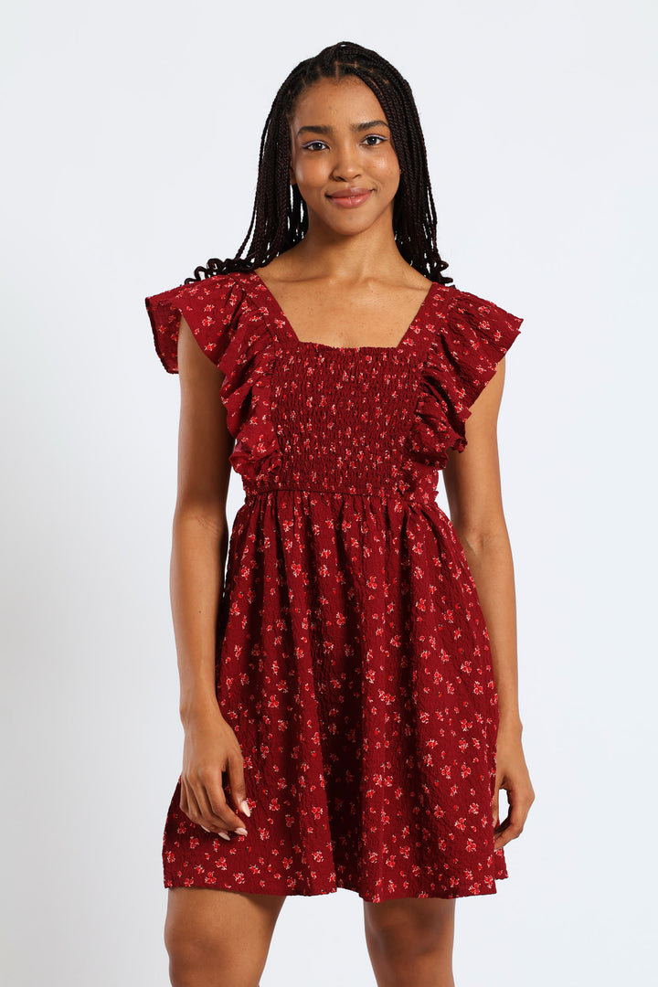Frill Smock Mini Dress - Dark Burgandy