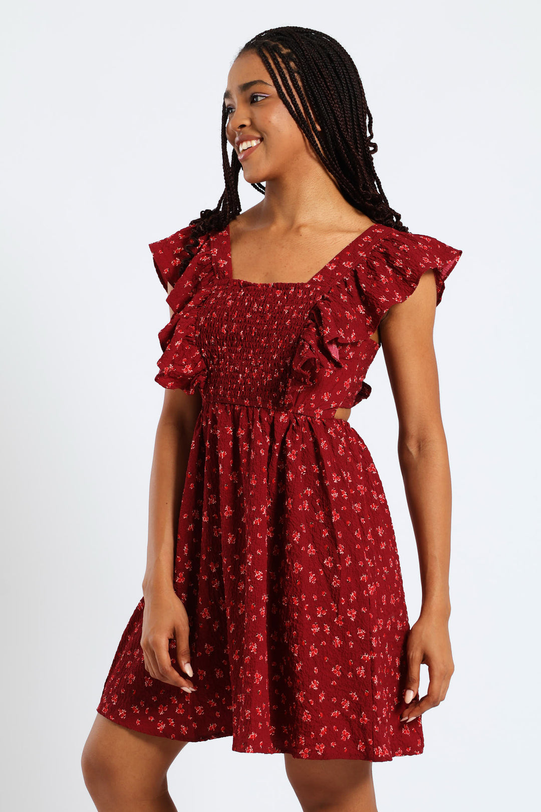 Frill Smock Mini Dress - Dark Burgandy