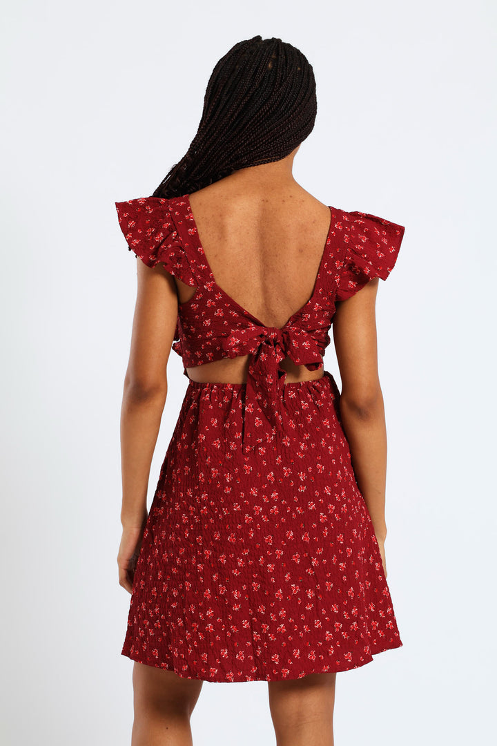 Frill Smock Mini Dress - Dark Burgandy