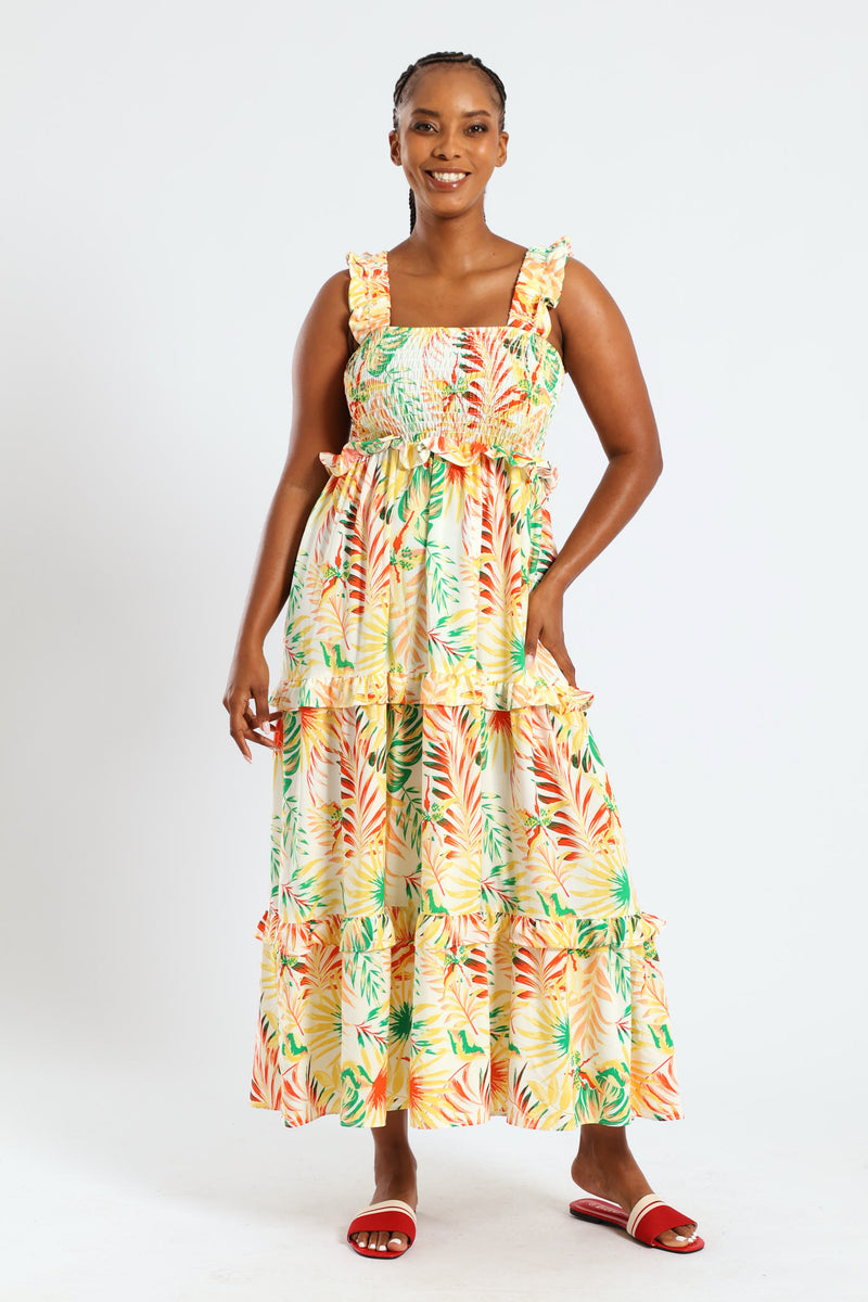 Frill Strap Shirred Tiered Maxi Dress - Multi