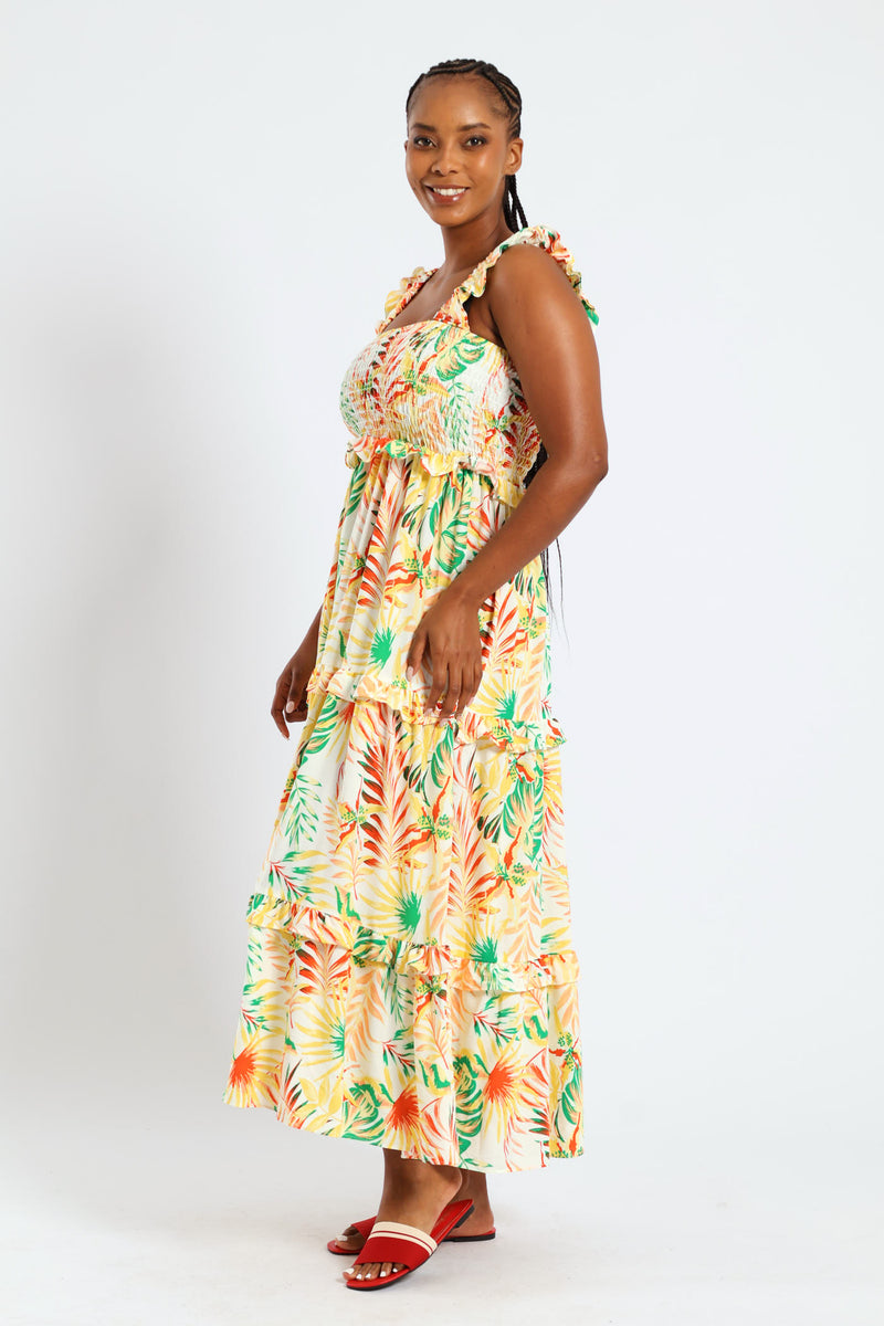 Frill Strap Shirred Tiered Maxi Dress - Multi