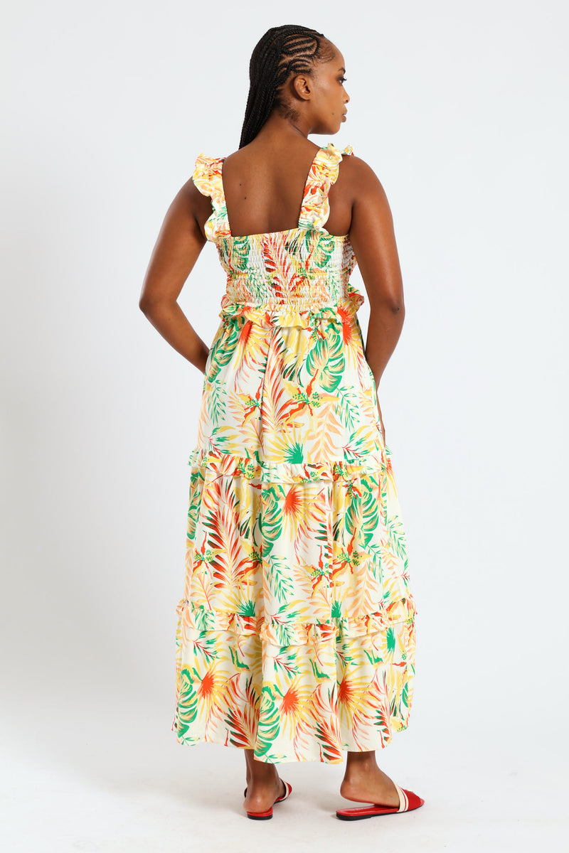 Frill Strap Shirred Tiered Maxi Dress - Multi