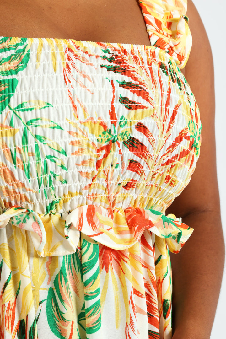 Frill Strap Shirred Tiered Maxi Dress - Multi