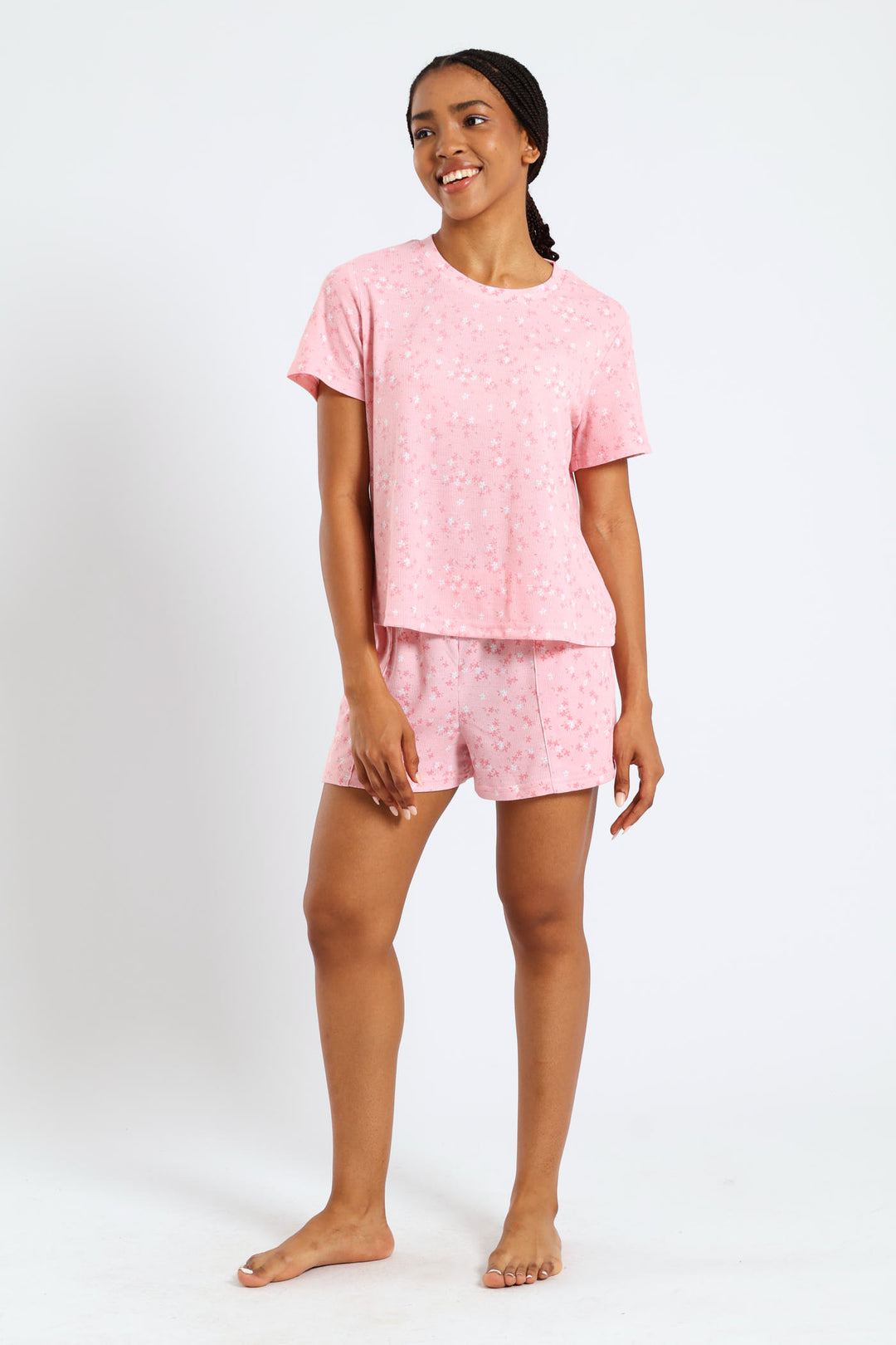 Rib Knit Ditsy Tee - Pink