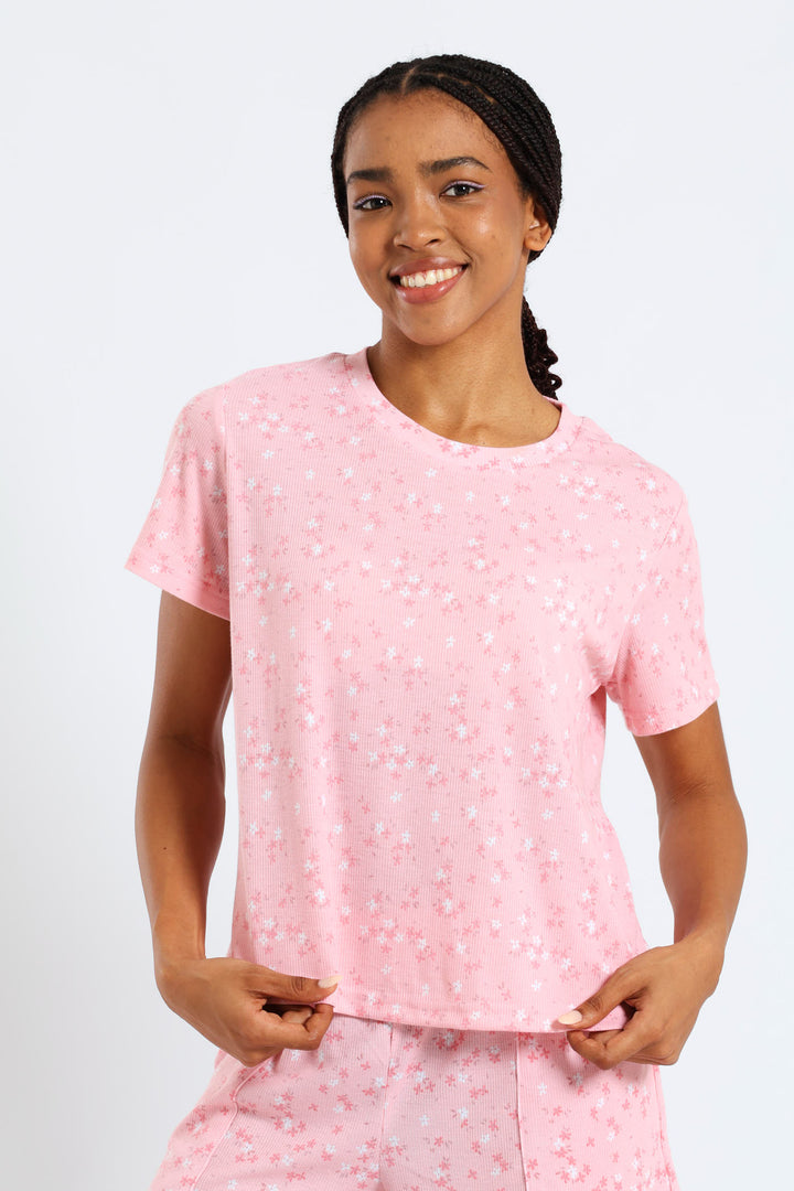 Rib Knit Ditsy Tee - Pink