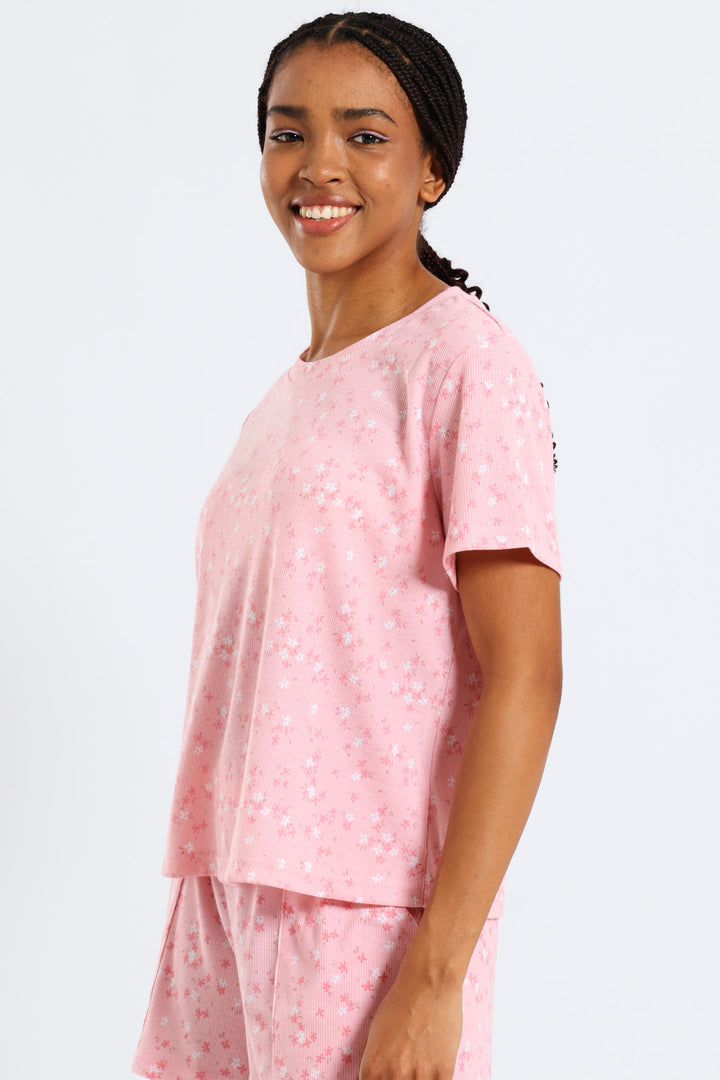 Rib Knit Ditsy Tee - Pink