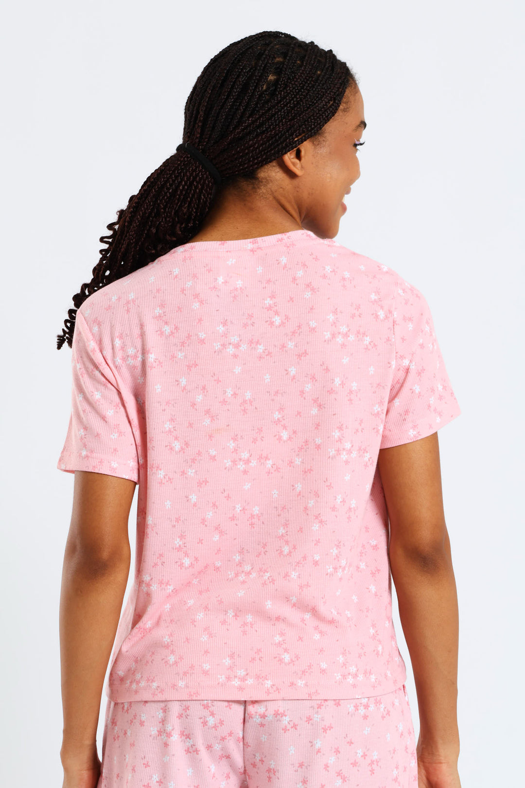 Rib Knit Ditsy Tee - Pink