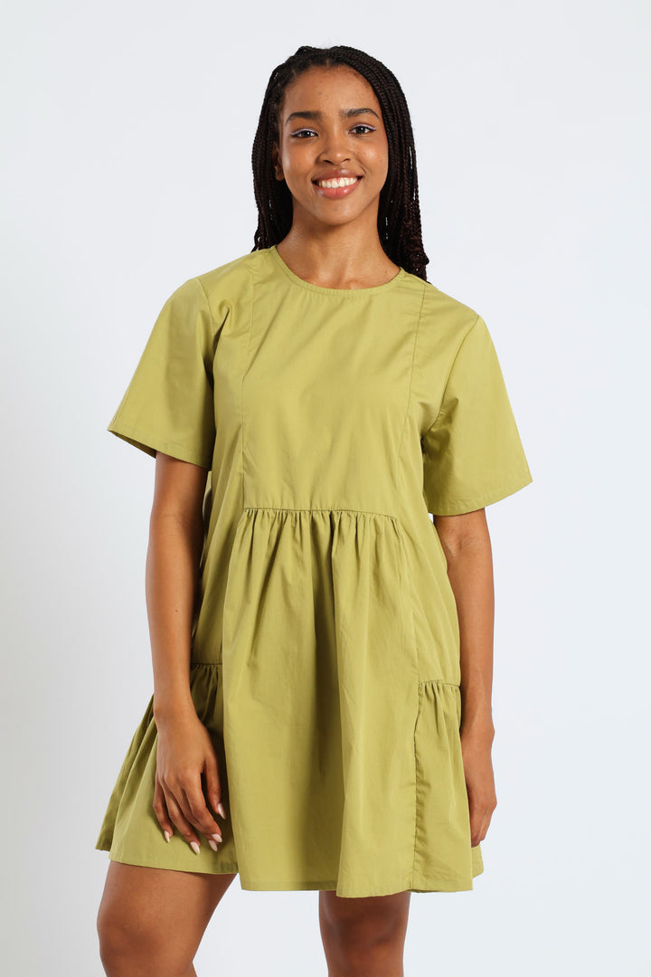 Short Sleeve Panelled Tie Back Mini Dress - Green