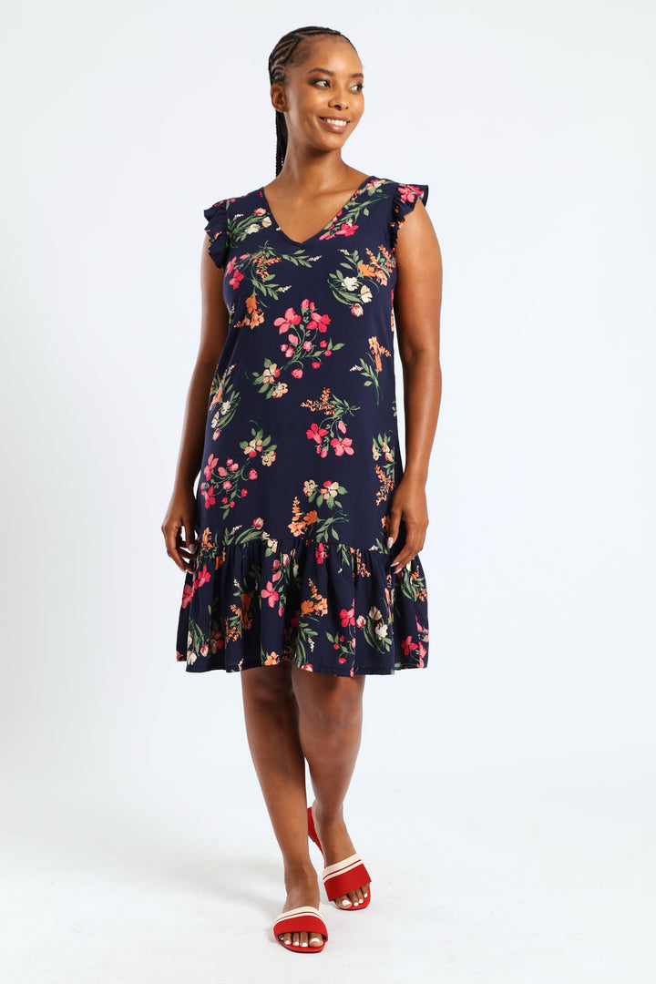 V-Neck Frill Sleeve Drop Hem Printed Mini Dress - Navy