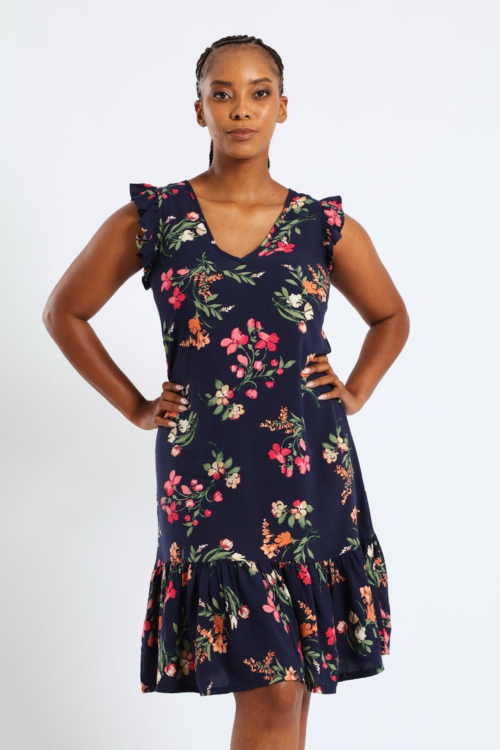 V-Neck Frill Sleeve Drop Hem Printed Mini Dress - Navy