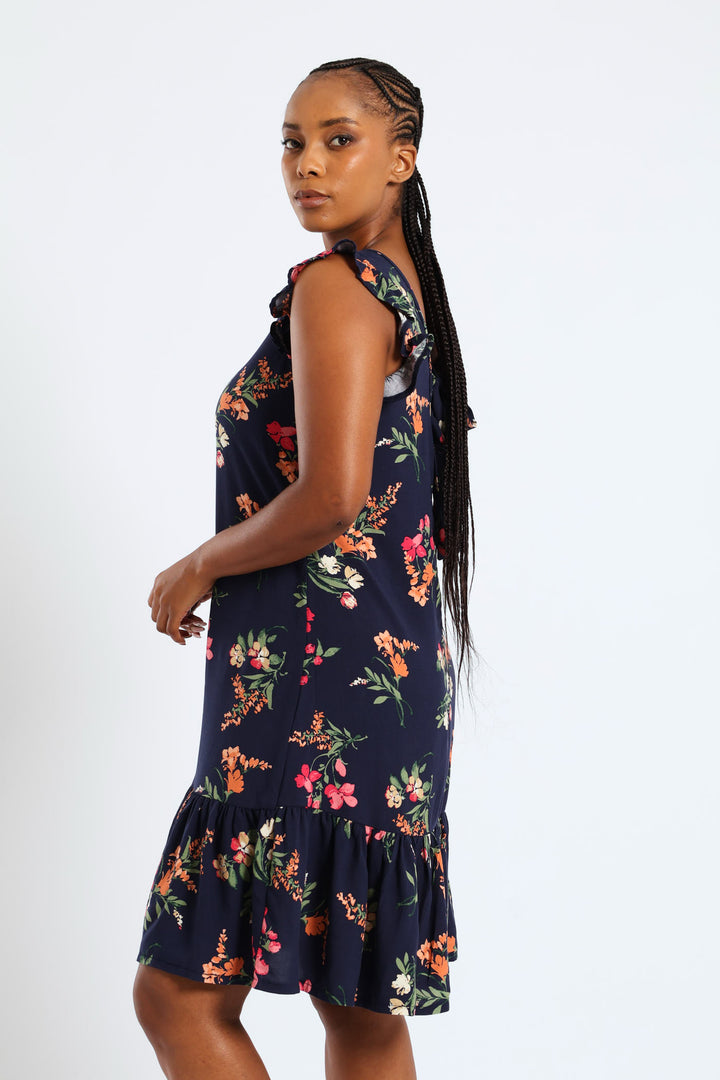 V-Neck Frill Sleeve Drop Hem Printed Mini Dress - Navy