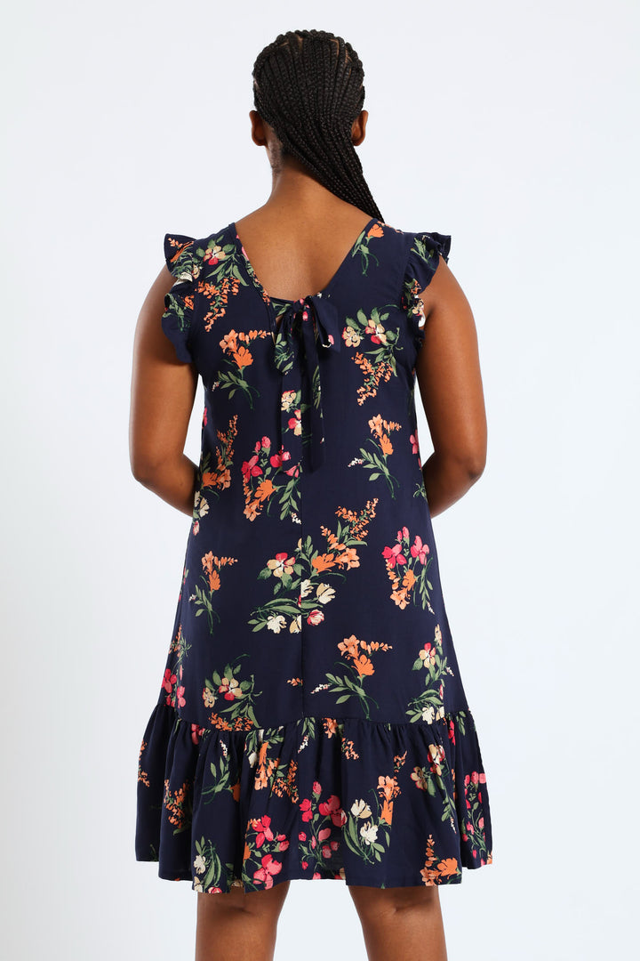 V-Neck Frill Sleeve Drop Hem Printed Mini Dress - Navy