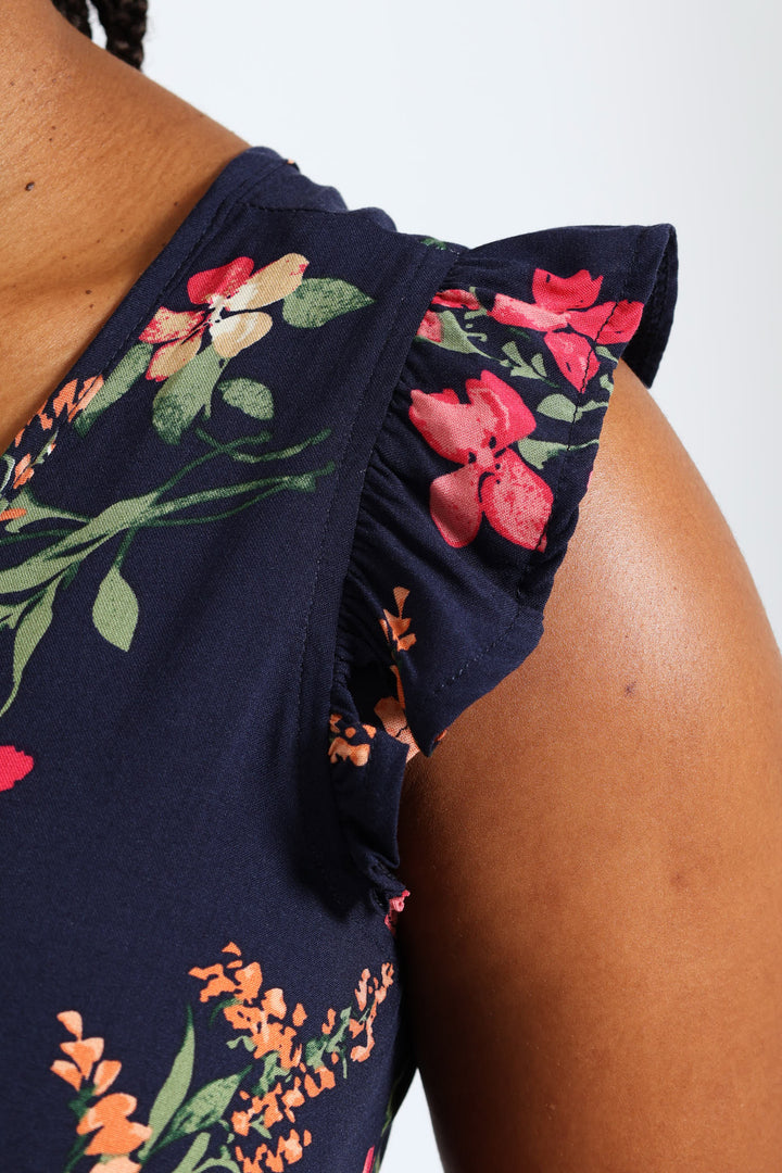 V-Neck Frill Sleeve Drop Hem Printed Mini Dress - Navy