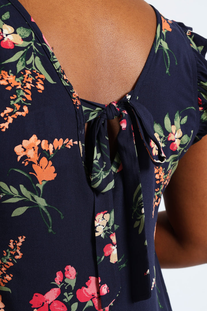 V-Neck Frill Sleeve Drop Hem Printed Mini Dress - Navy