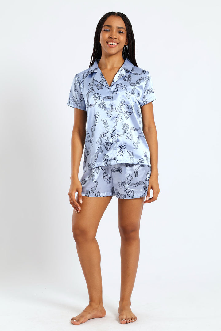 Bow Button Through & Short Set - Blue
