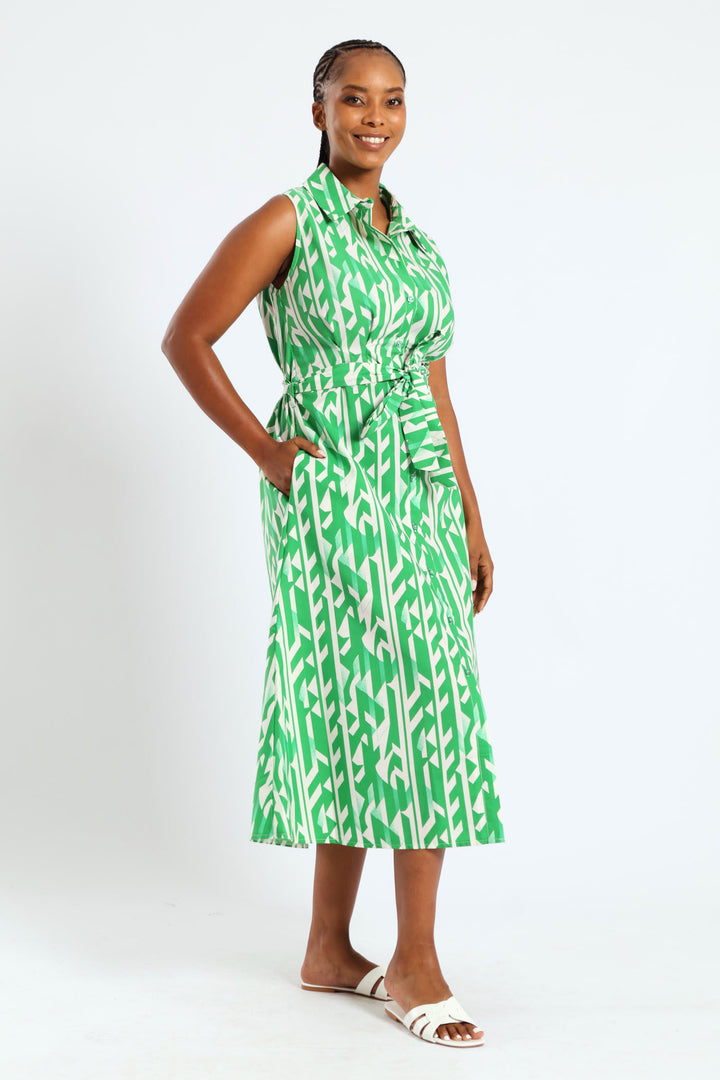Sleeveless Button-Thru Collared Belted Midi Dress