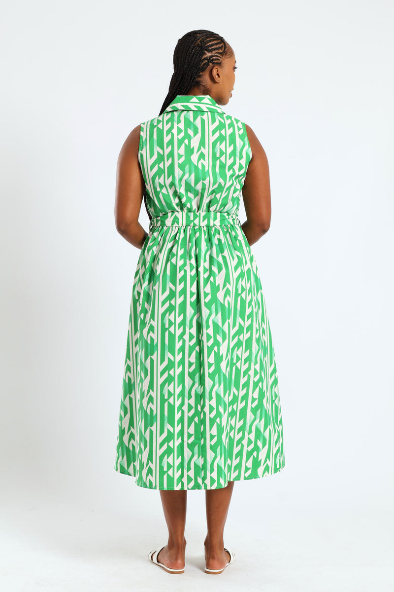Sleeveless Button-Thru Collared Belted Midi Dress