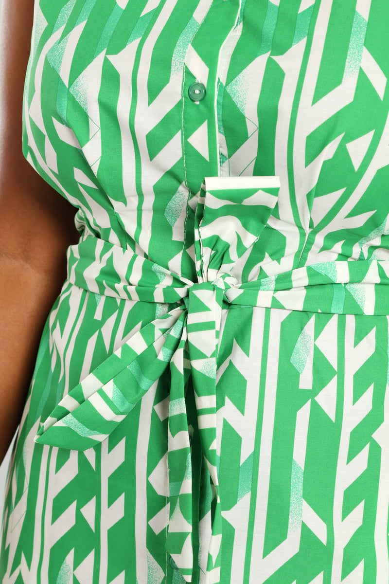 Sleeveless Button-Thru Collared Belted Midi Dress