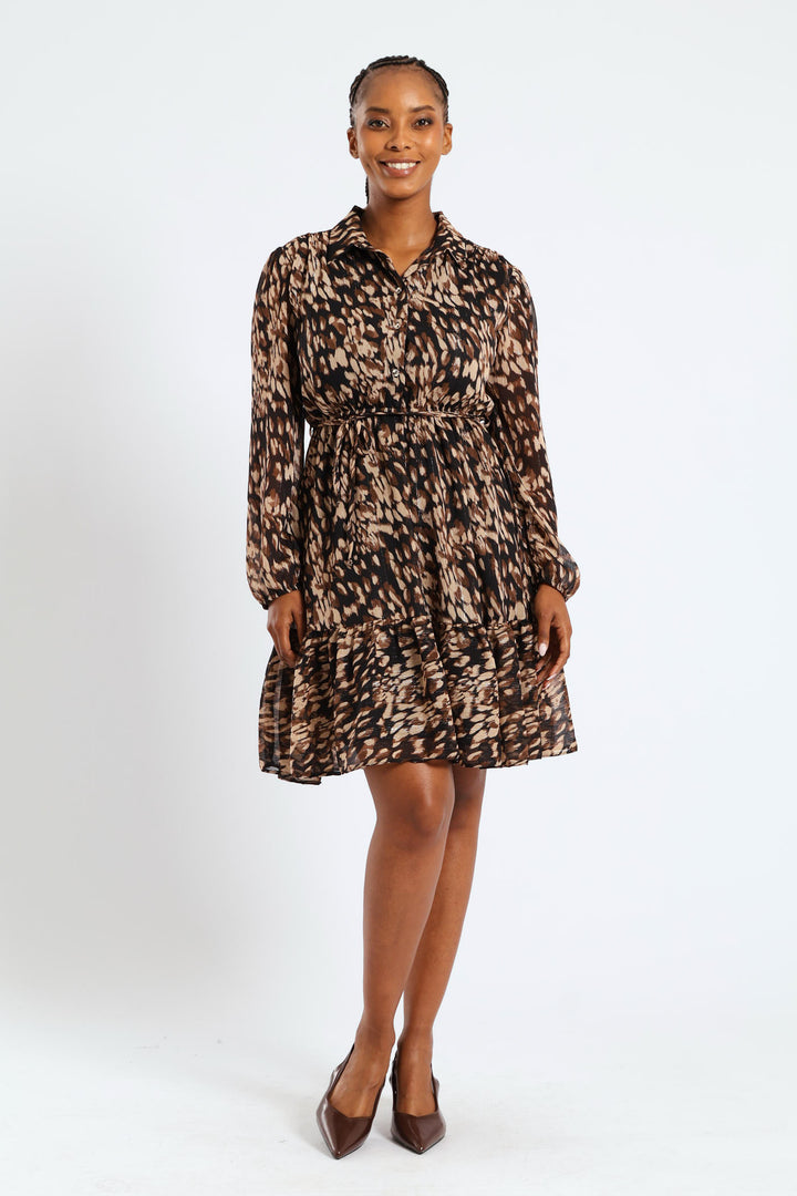 Button Through Tiered Monochrome Floral Tea Dress - Black