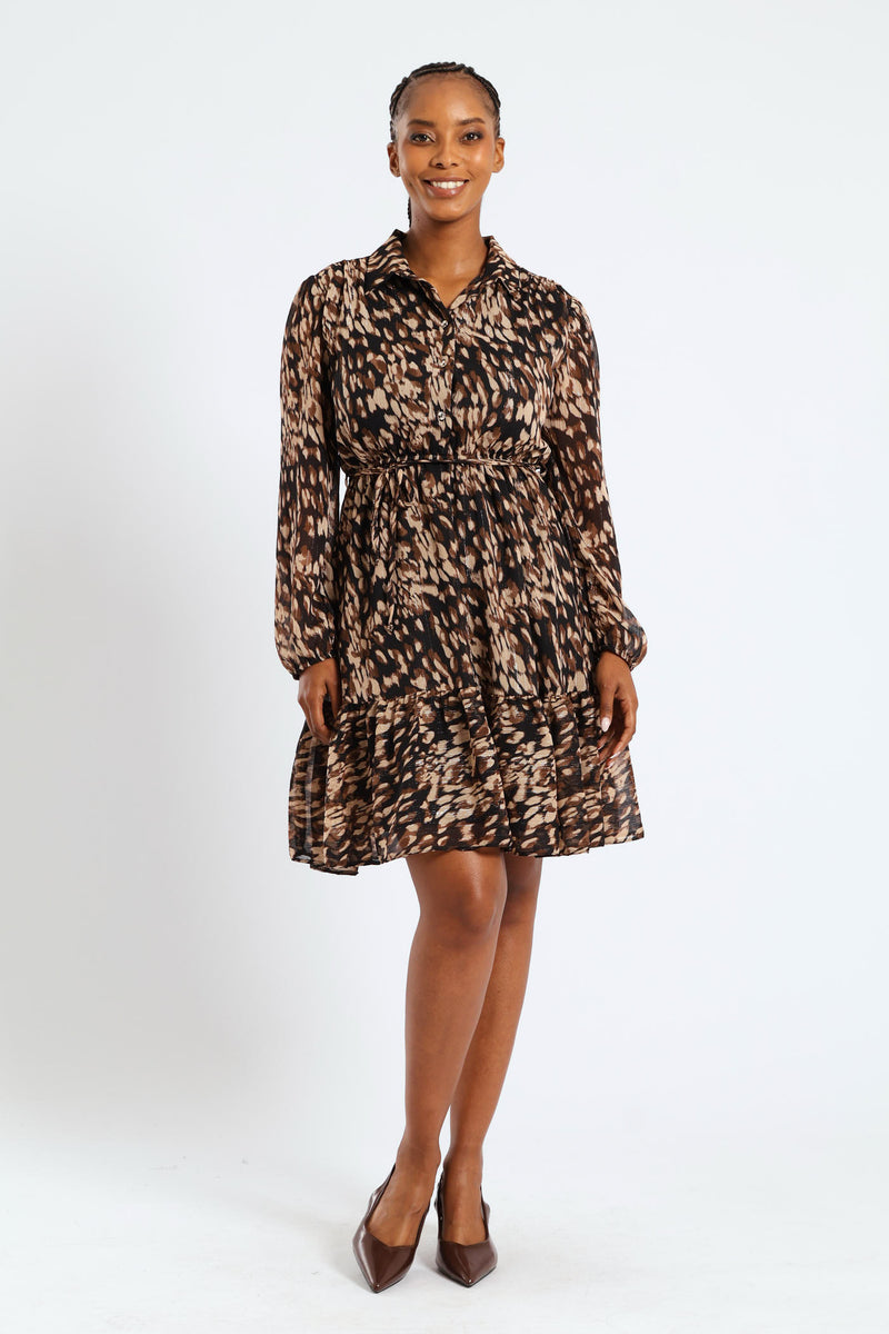 Button Through Tiered Monochrome Floral Tea Dress - Black