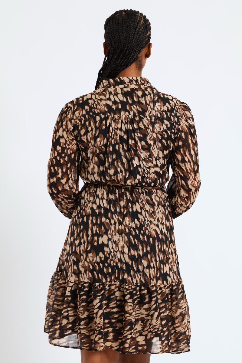 Button Through Tiered Monochrome Floral Tea Dress - Black