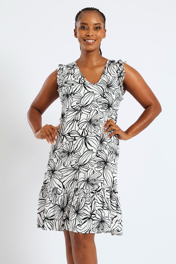 V-Neck Frill Sleeve Drop Hem Printed Mini Dress - White/Black