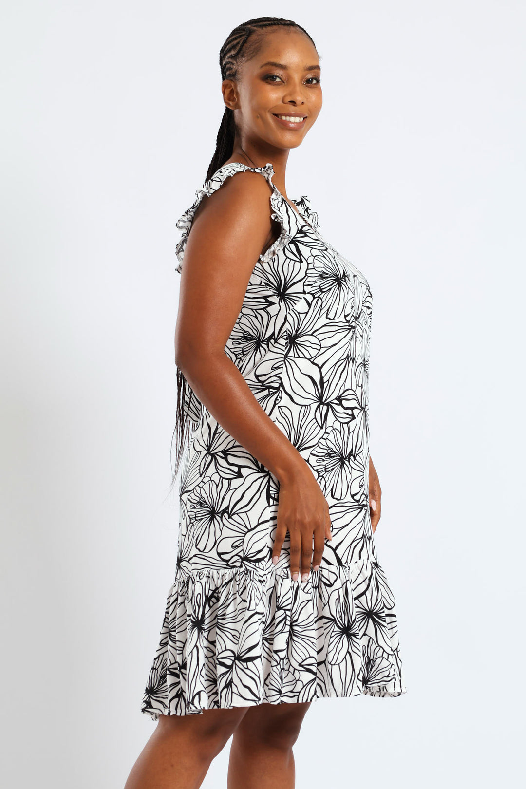 V-Neck Frill Sleeve Drop Hem Printed Mini Dress - White/Black