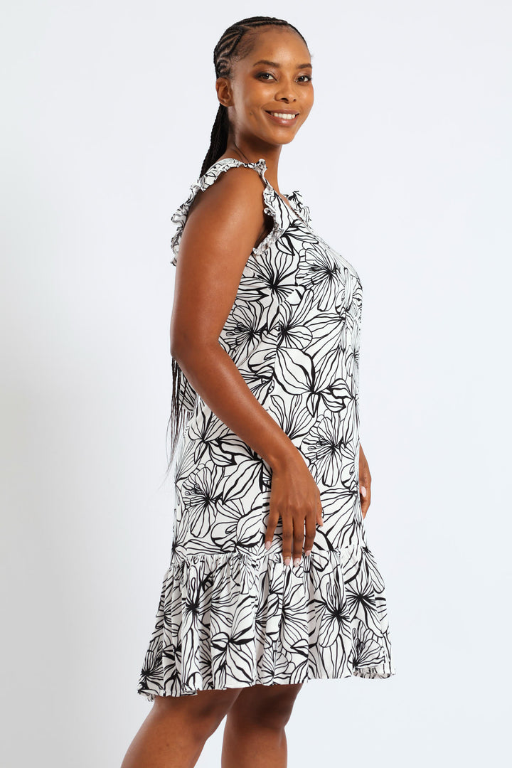 V-Neck Frill Sleeve Drop Hem Printed Mini Dress - White/Black