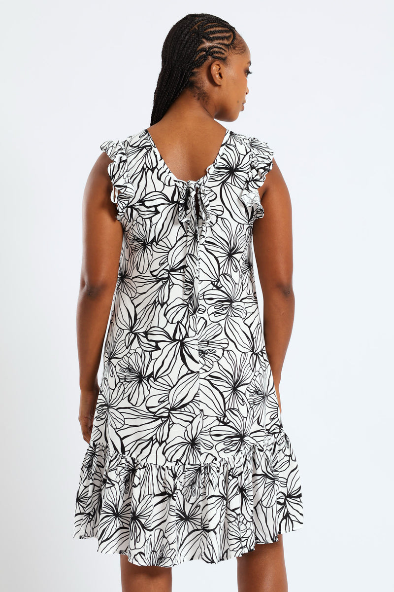 V-Neck Frill Sleeve Drop Hem Printed Mini Dress - White/Black