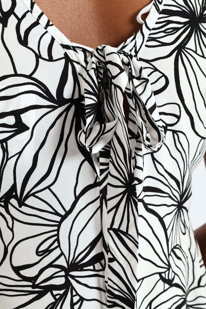 V-Neck Frill Sleeve Drop Hem Printed Mini Dress - White/Black