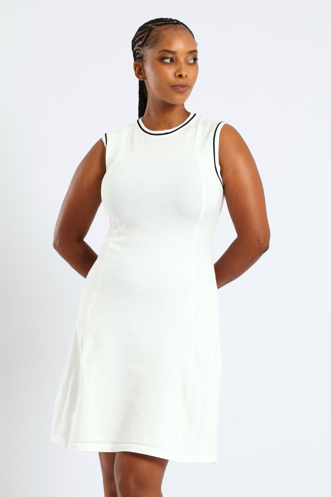 Panelled Tipped Skater Knitwear Dress - Cream