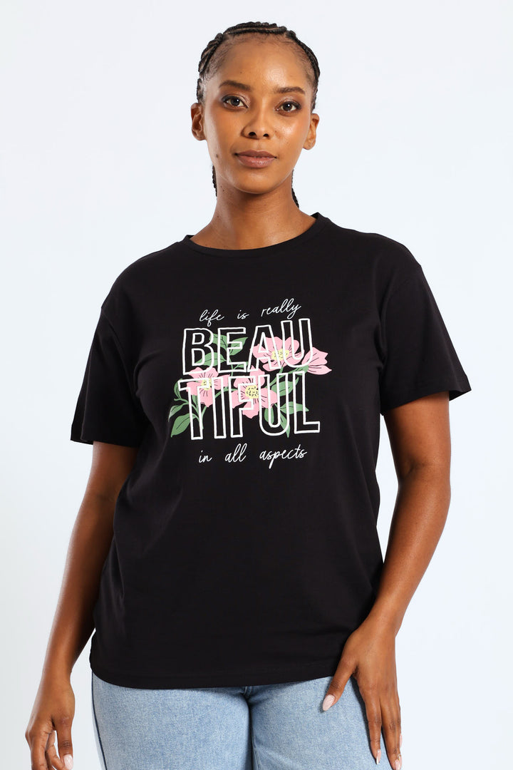 Short Sleeve Life Is Really Beautiful Flower Puff Regular Tee - Black