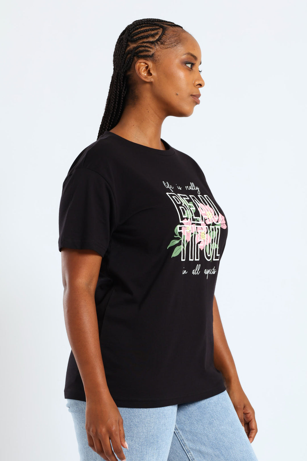 Short Sleeve Life Is Really Beautiful Flower Puff Regular Tee - Black