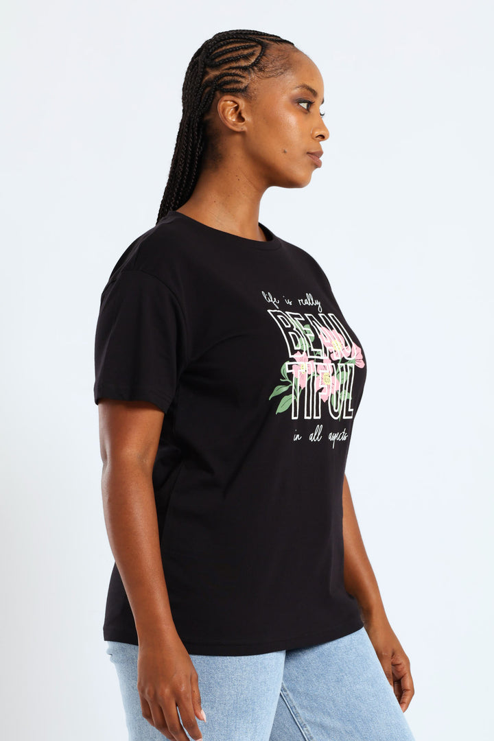 Short Sleeve Life Is Really Beautiful Flower Puff Regular Tee - Black