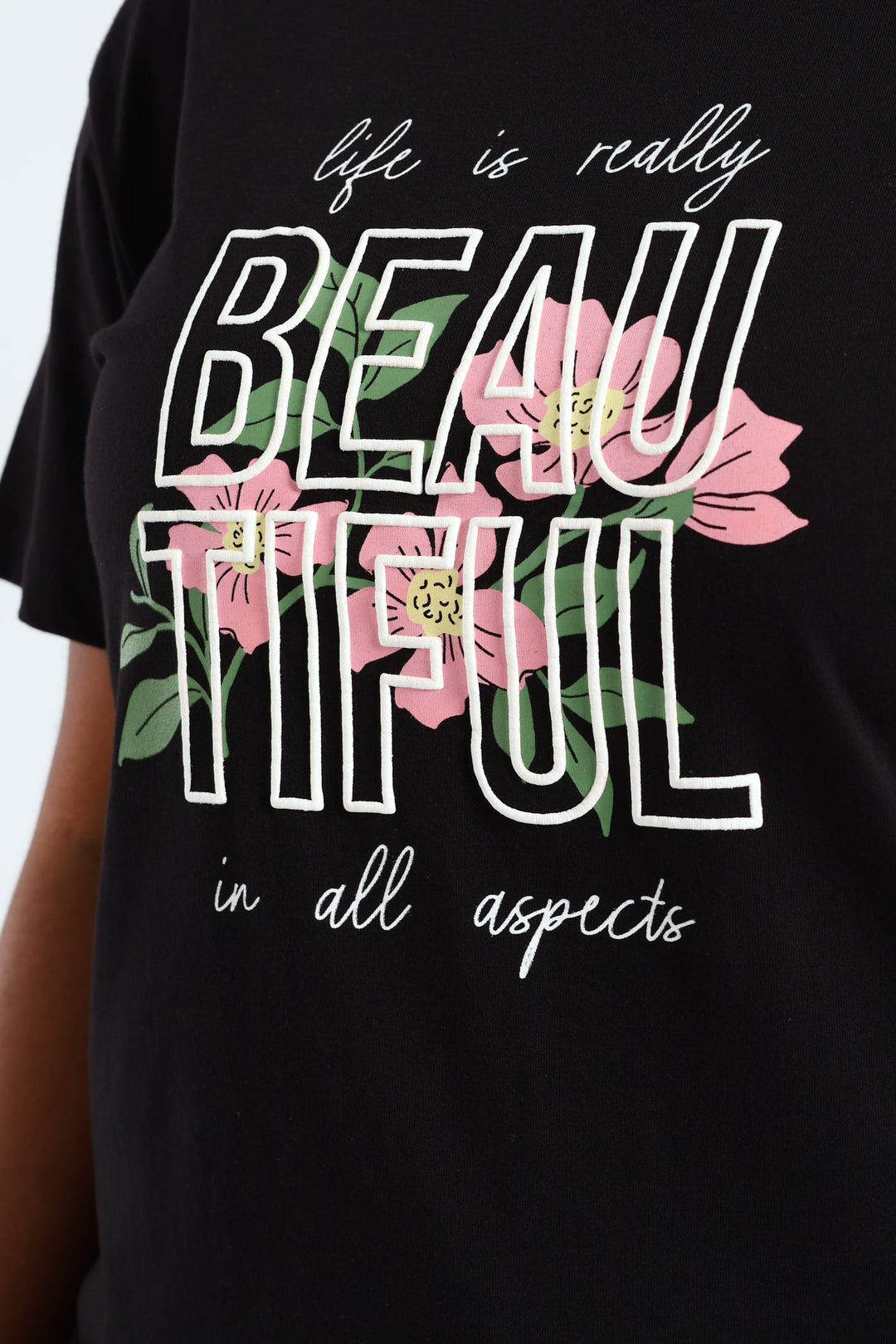 Short Sleeve Life Is Really Beautiful Flower Puff Regular Tee - Black
