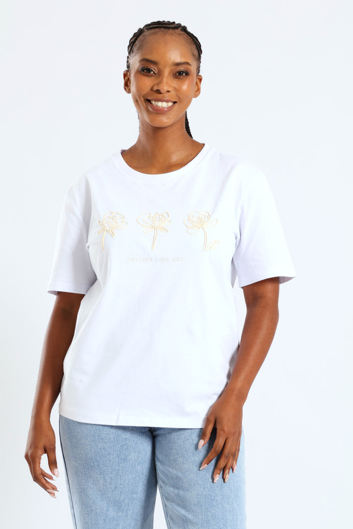 Rib Neck Cornelli Flowers Tee - White