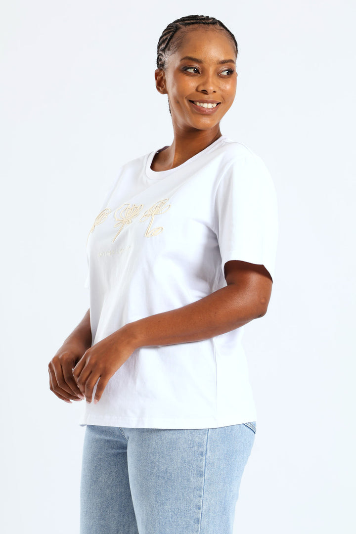 Rib Neck Cornelli Flowers Tee - White