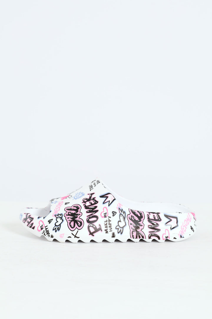 Girls Graffiti Slide - White/Pink