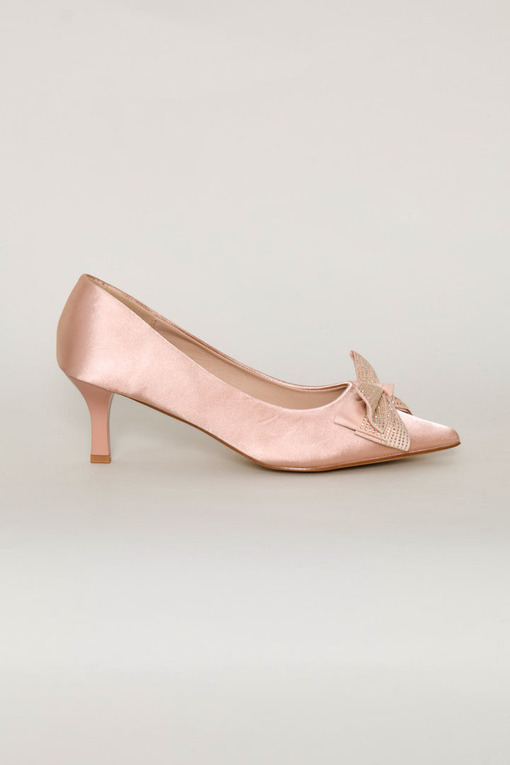 Diamante Bow Pointed Toe Kitten Court Heel - Rose Gold