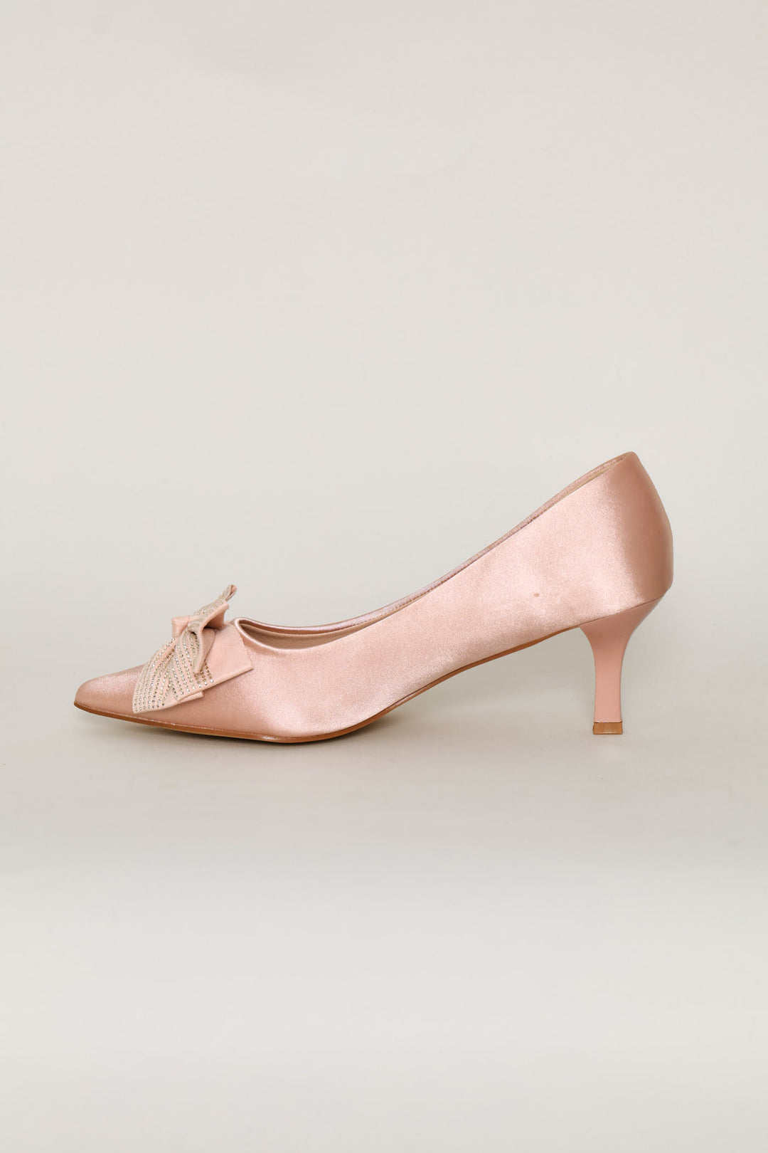 Diamante Bow Pointed Toe Kitten Court Heel - Rose Gold