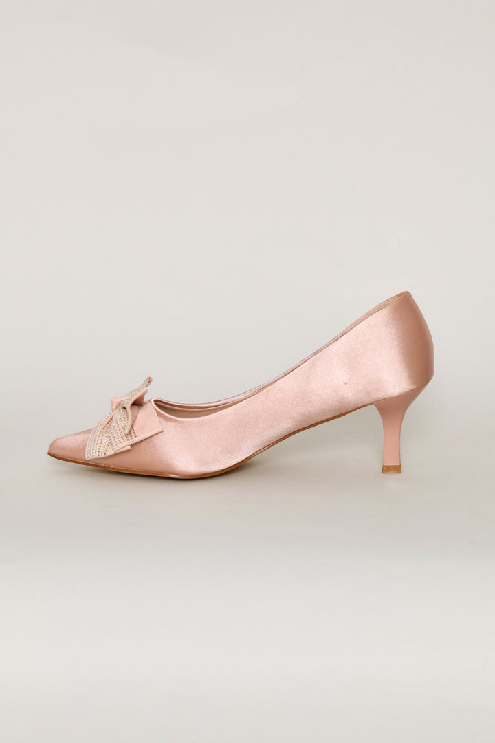 Diamante Bow Pointed Toe Kitten Court Heel - Rose Gold