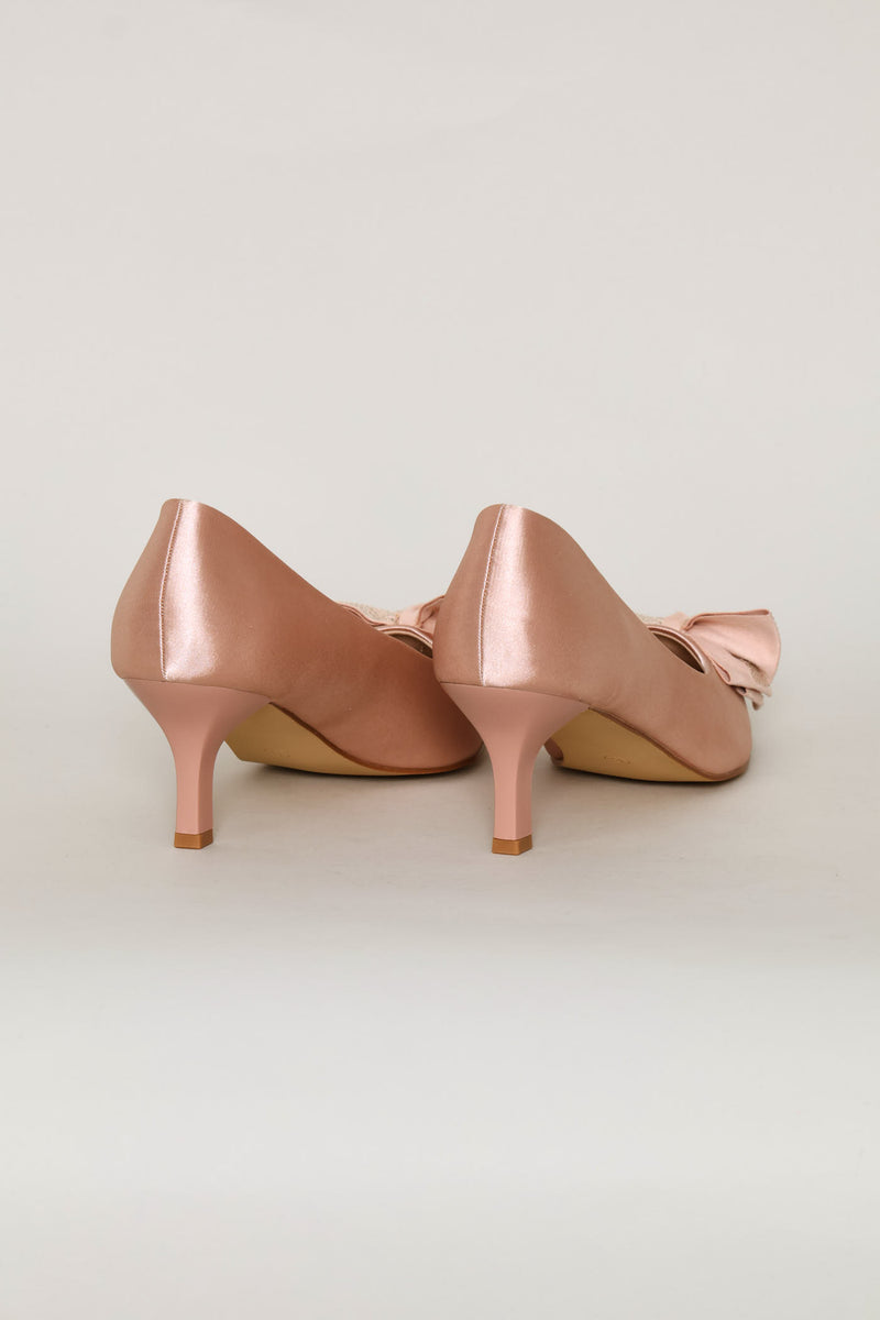 Diamante Bow Pointed Toe Kitten Court Heel - Rose Gold