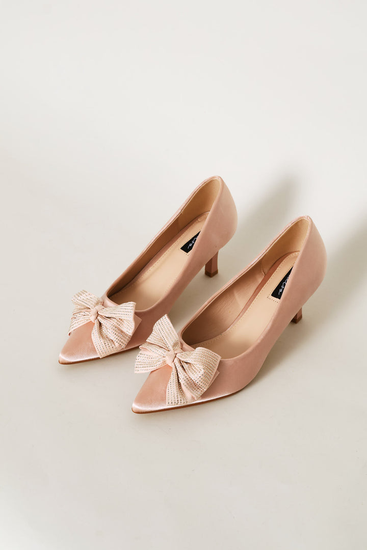 Diamante Bow Pointed Toe Kitten Court Heel - Rose Gold