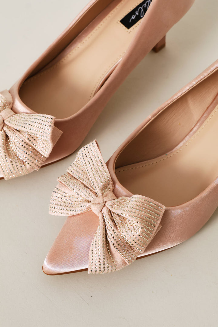 Diamante Bow Pointed Toe Kitten Court Heel - Rose Gold