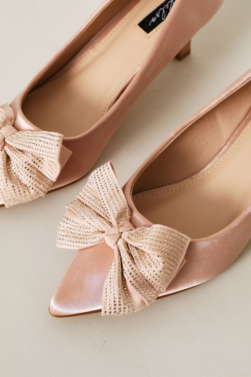 Diamante Bow Pointed Toe Kitten Court Heel - Rose Gold