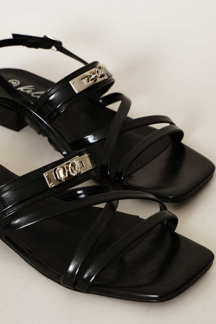 Lock Trim Detail Multistrap Mule Sandal - Black