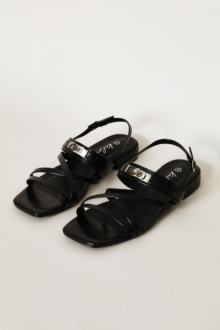 Lock Trim Detail Multistrap Mule Sandal - Black