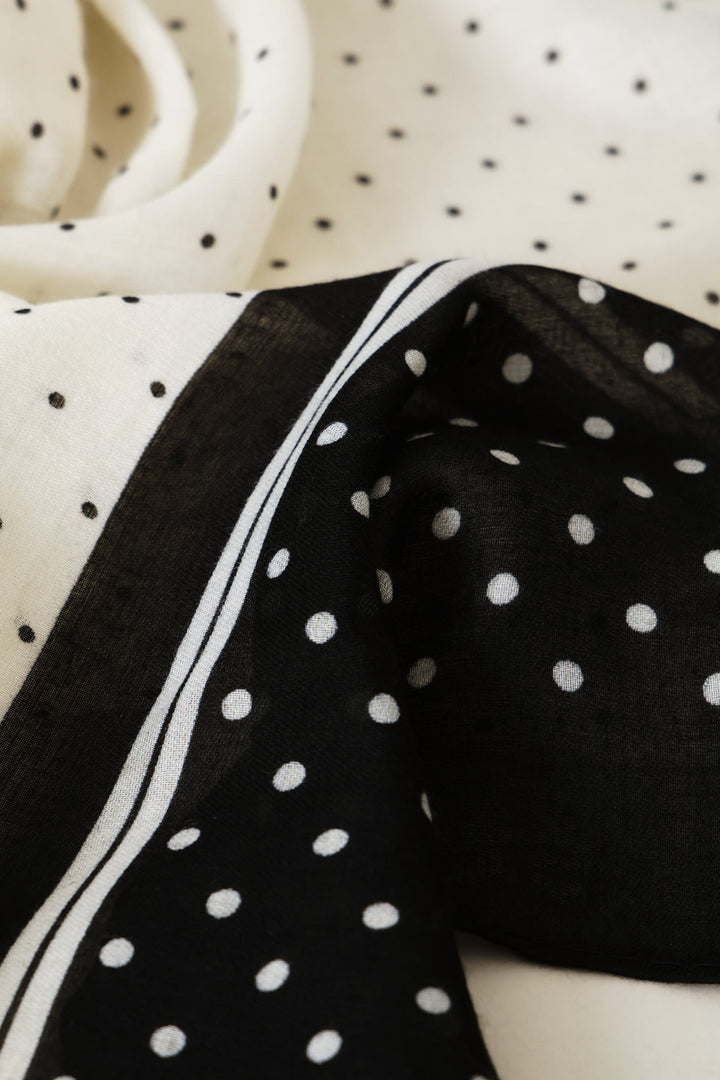 Polka Dot Border Print Light Weight Scarf - White/Black